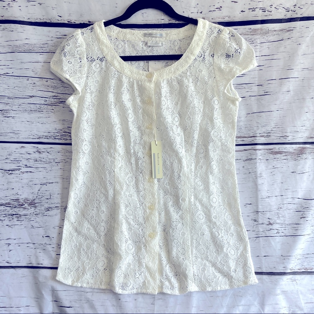 Van Heusen studio NWT off white lace button up blouse cap sleeves XS